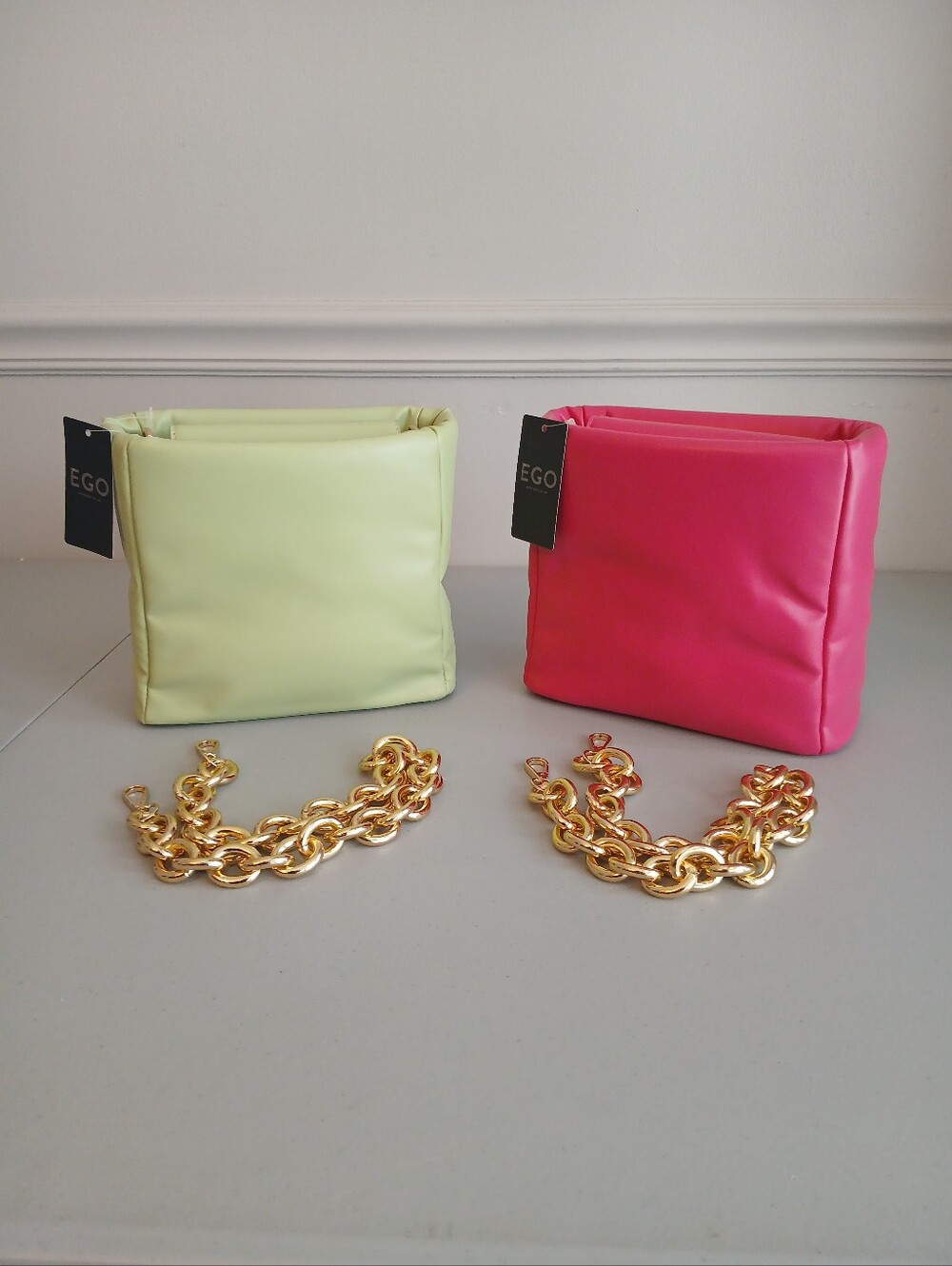 EGO PINK or GREEN Puffer Feel Mini Bag w/ Goldtone Chain Strap Purse New!